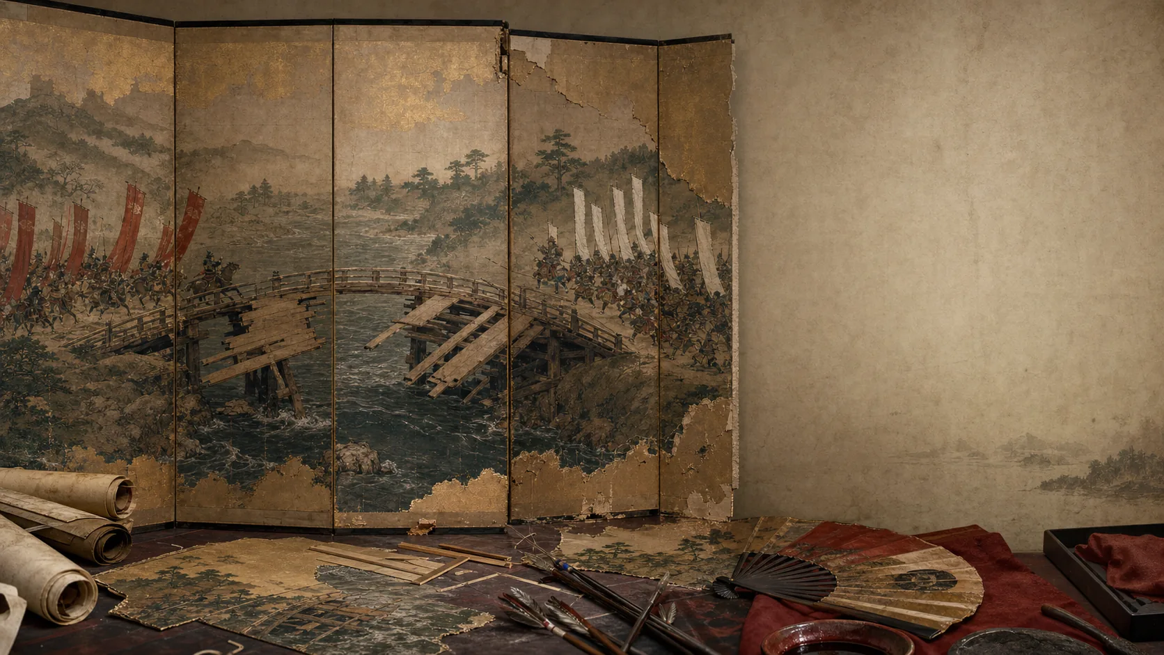 壊された橋を挟んで赤旗と白旗の軍勢が対峙する絵巻