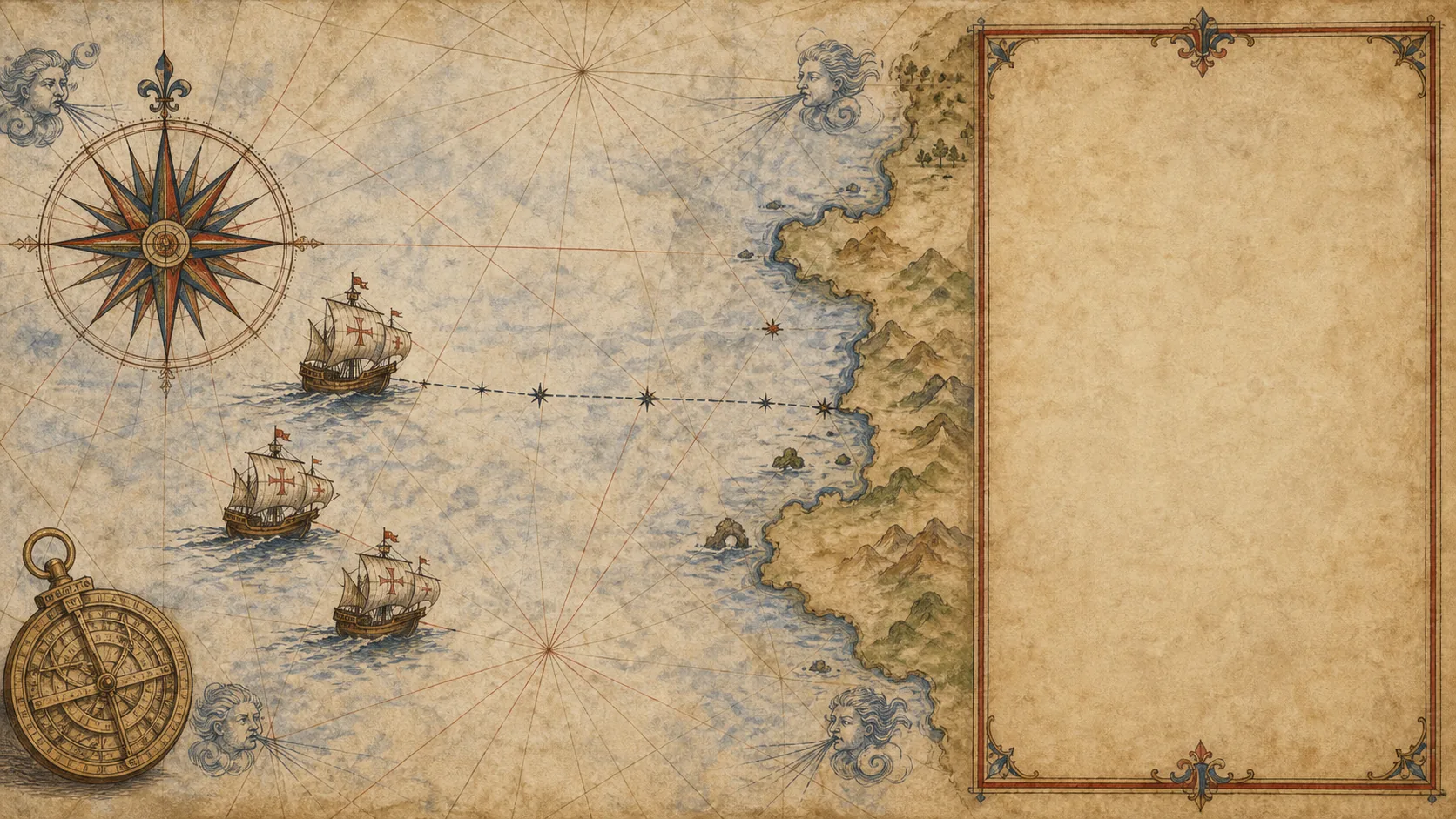西へ進む三隻の船と未知の海岸線を描いた航海図