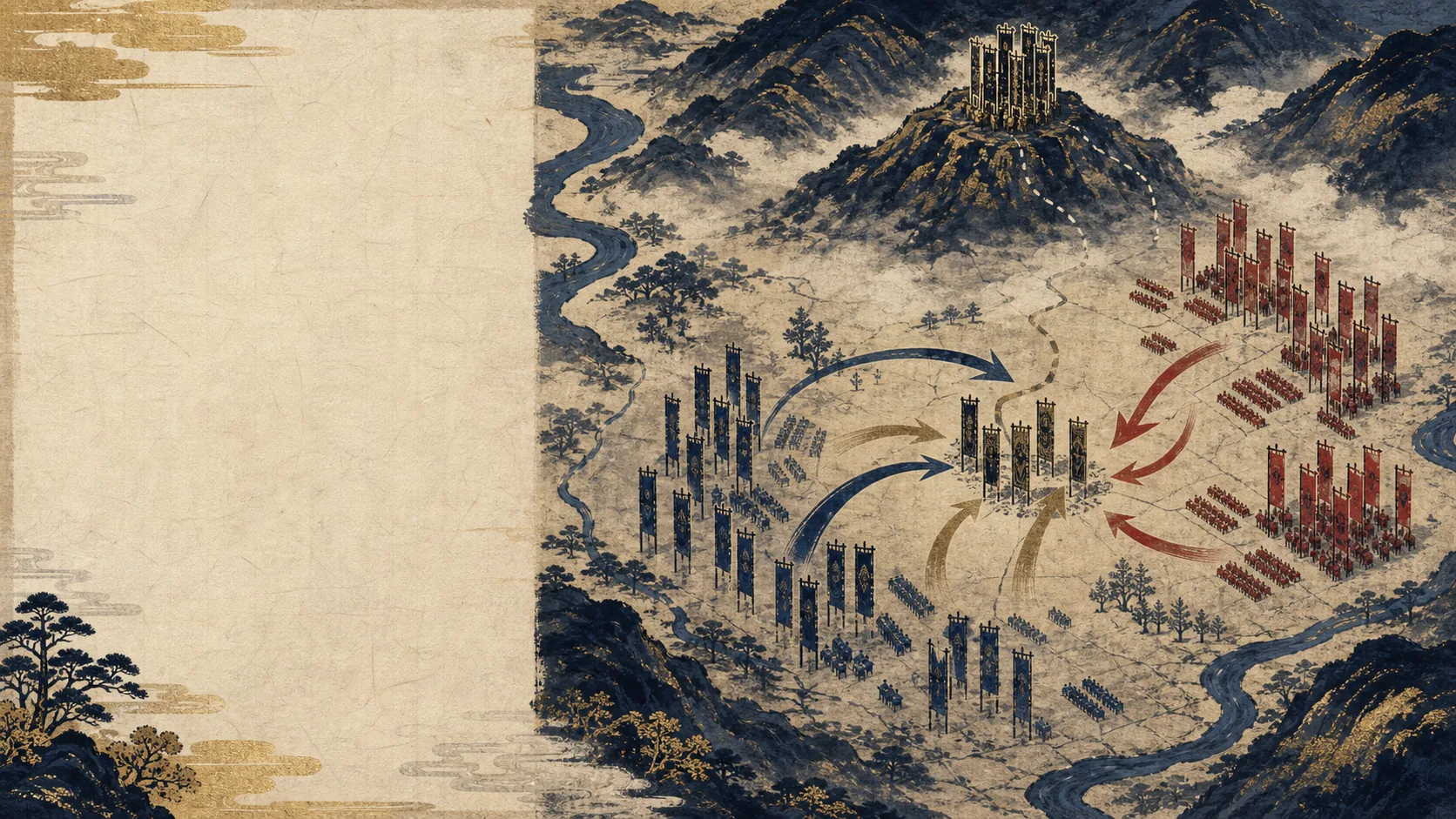 赤と青の軍勢の移動を示す木版画風の布陣図